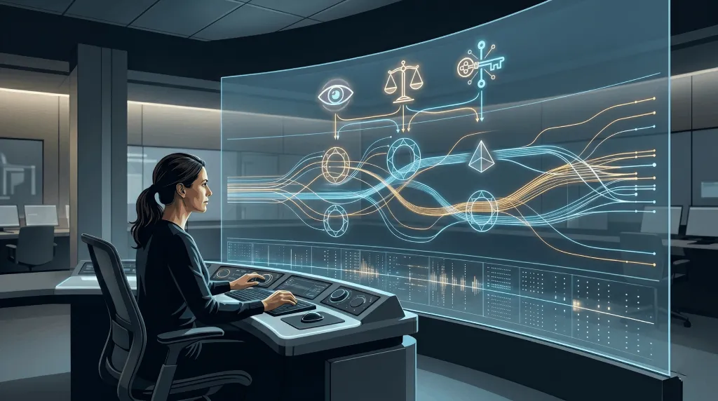 Operator at a control console overseeing a large visual interface of coordinated judgment and multi-threaded workflows.